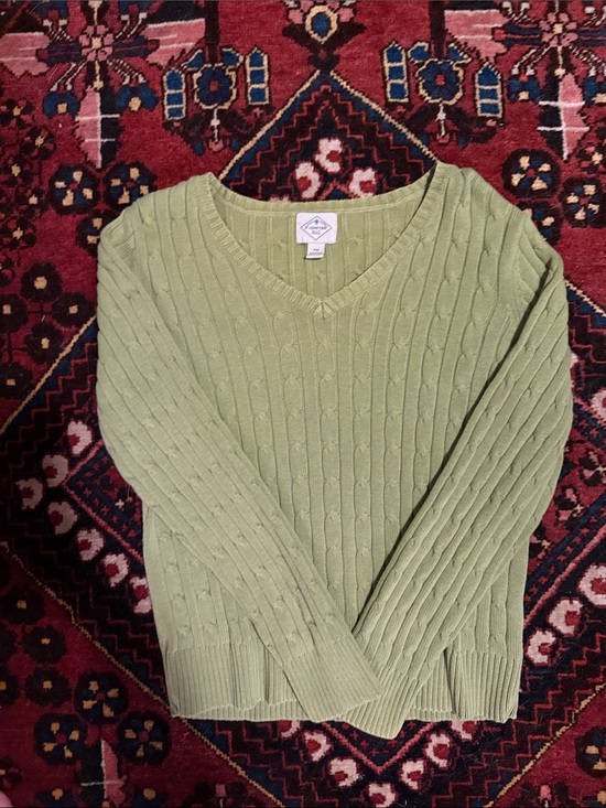 Saint John's Bay Active Sweaters - Green Cable-Knit V-Neck Sweater